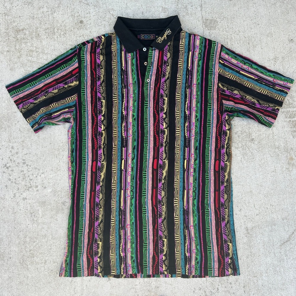 COOGI Polo Shirt XXL Multicolor 3D Textured Knit Vintage Streetwear 90s Hip Hop